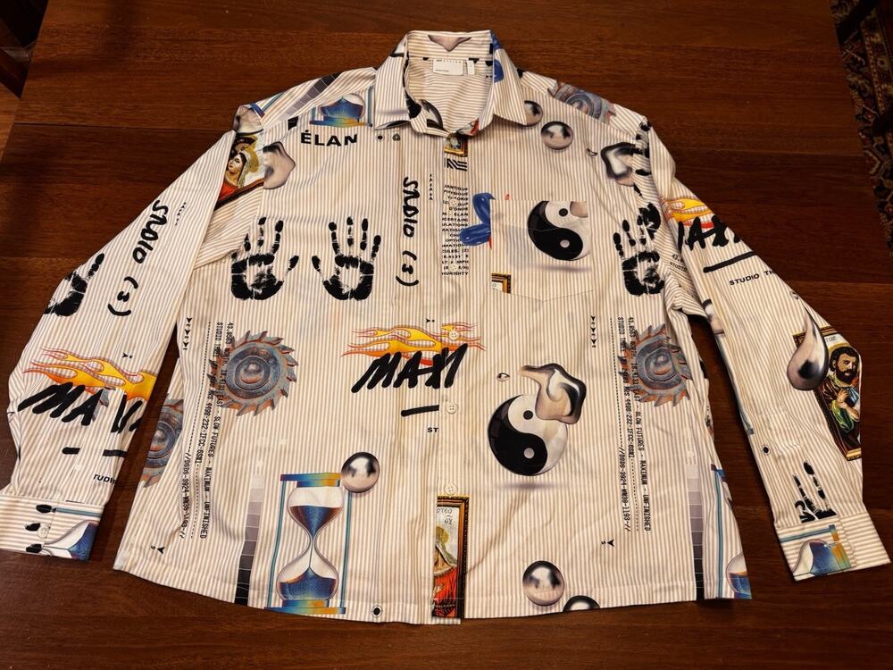 Asos Design Large Button Down Shirt Studio three Ying Yang Religious Crazy Print